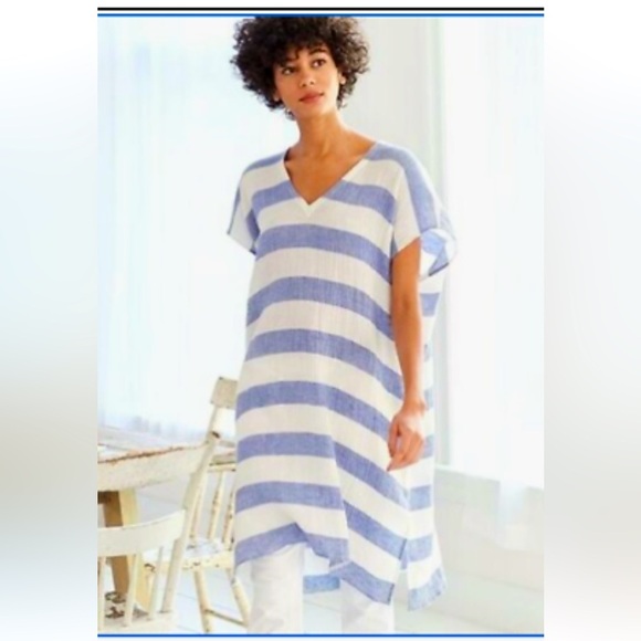 Eileen Fisher Organic Linen Gauze Tunic Poncho Shift Dress Regatta Stripe s/m - Picture 1 of 13